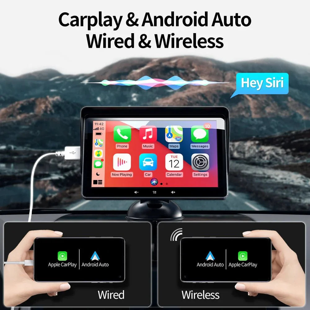 7" Wireless CarPlay Display | Universal, 12V Plug-In, Suction Mount, Backup-Cam Ready