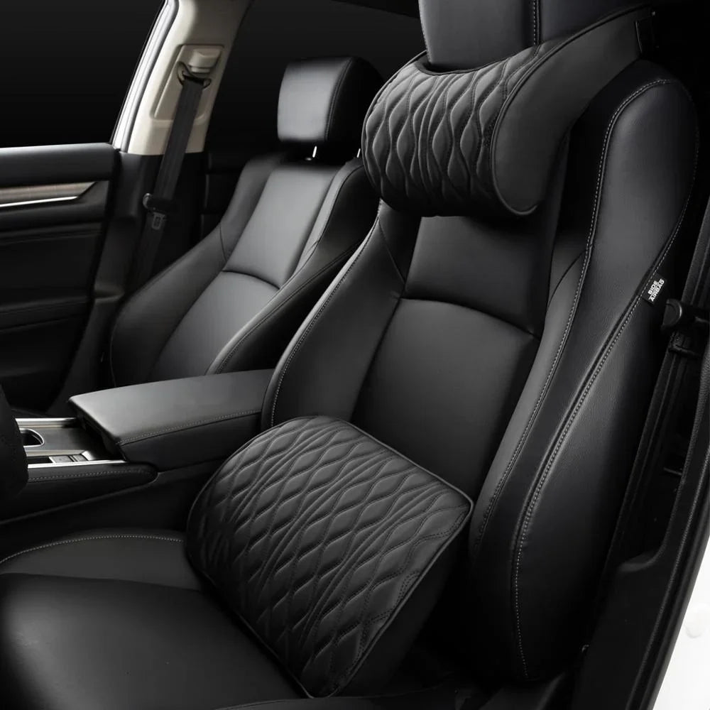 Memory Foam Car Headrest & Lumbar Support Set | Premium Leather, Universal