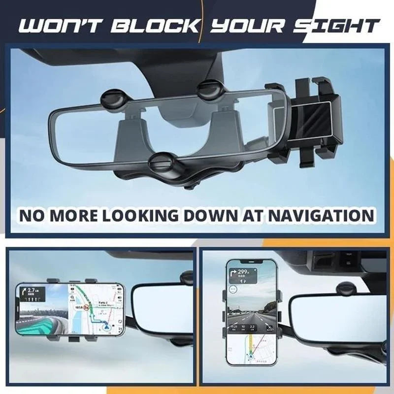 Rearview Mirror Phone Holder | 360° Rotatable, One-Hand Clamp, Universal