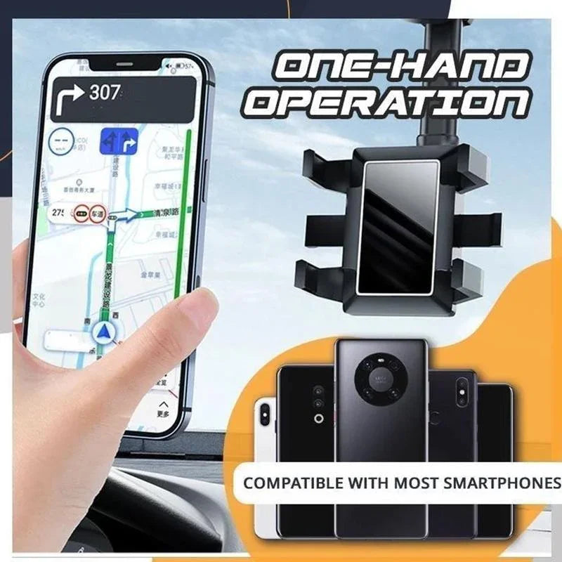 Rearview Mirror Phone Holder | 360° Rotatable, One-Hand Clamp, Universal