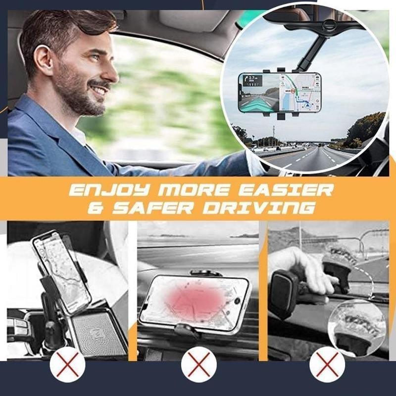 Rearview Mirror Phone Holder | 360° Rotatable, One-Hand Clamp, Universal