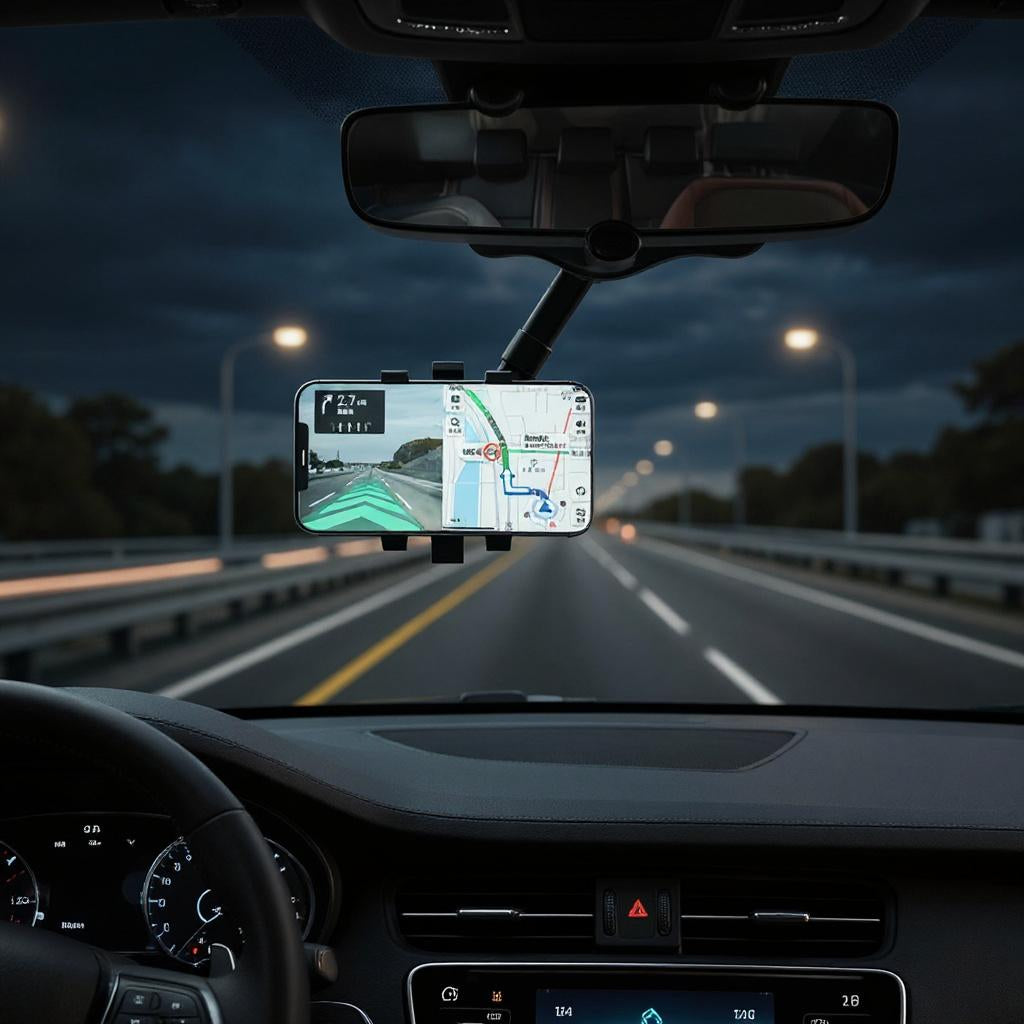 Rearview Mirror Phone Holder | 360° Rotatable, One-Hand Clamp, Universal