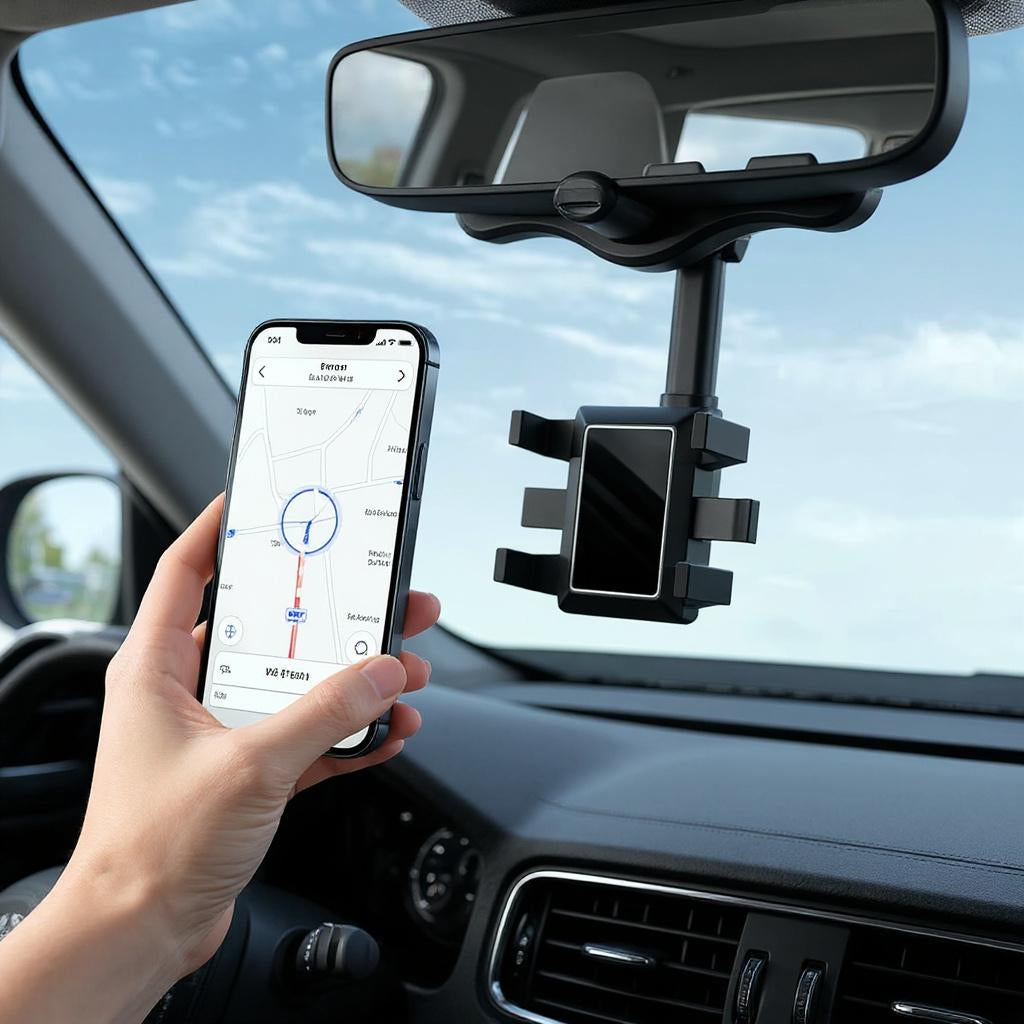 Rearview Mirror Phone Holder | 360° Rotatable, One-Hand Clamp, Universal