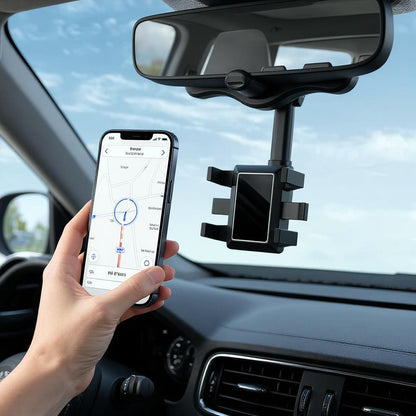 Rearview Mirror Phone Holder | 360° Rotatable, One-Hand Clamp, Universal