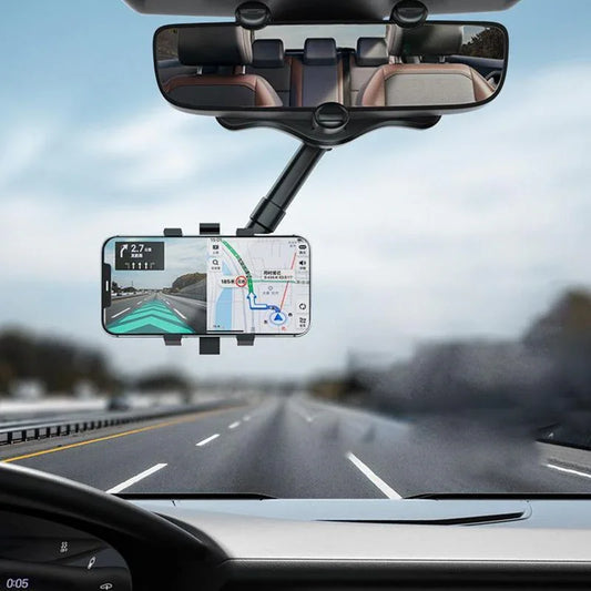 Rearview Mirror Phone Holder | 360° Rotatable, One-Hand Clamp, Universal